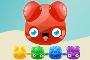 커다란 빨간 젤리 같은 캐릭터가 웃고 있으며, 아래에 노란색, 초록색, 파란색, 보라색의 작은 캐릭터들이 나란히 배치되어 있다