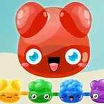 커다란 빨간 젤리 같은 캐릭터가 웃고 있으며, 아래에 노란색, 초록색, 파란색, 보라색의 작은 캐릭터들이 나란히 배치되어 있다