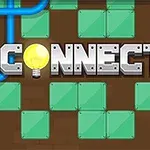 벽돌 배경 위에 파란색 전선과 전구 아이콘이 있는 CONNECTOR라는 단어