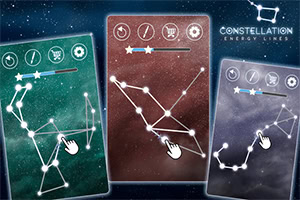 세 개의 카드에 별자리와 별들이 연결된 모습이 화면에 나타나며, 각각의 카드에 손 모양의 커서가 별을 가리키고 있음