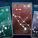 세 개의 카드에 별자리와 별들이 연결된 모습이 화면에 나타나며, 각각의 카드에 손 모양의 커서가 별을 가리키고 있음