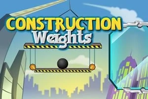 건설 테마의 배경에 Construction Weights라는 텍스트와 함께 무게추가 매달린 장치가 있는 장면