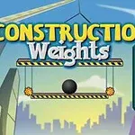 건설 테마의 배경에 Construction Weights라는 텍스트와 함께 무게추가 매달린 장치가 있는 장면