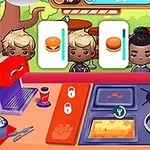 캐릭터들이 주문한 햄버거 메뉴를 보여주는 가판대와 조리 중인 음식들