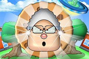 거대한 쿠키 모양의 얼굴에 안경을 쓴 캐릭터와 하늘에 떠 있는 푸른 원반, 주변에 나무와 건물이 있는 장면