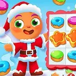 산타 복장을 한 캐릭터가 다양한 색상의 도넛 및 별 모양 쿠키와 함께 퍼즐 보드를 가리키고 있다