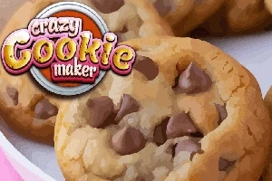 접시에 초콜릿 칩 쿠키가 담겨 있는 모습과 crazy cookie maker 라는 글자가 보입니다
