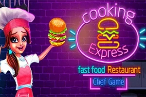 한 쪽에는 햄버거를 들고 있는 여성 요리사가 있고, 다른 쪽에는 네온사인 스타일로 cooking express, fast food Restaurant, Chef Game이라는 글자가 쓰여 있는 이미지