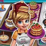 여자가 여러 겹의 팬케이크를 들고 주방에서 웃고 있는 장면