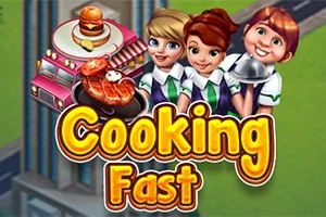 세 명의 요리사 캐릭터와 음식 트럭, 음식 이미지 위에 큰 글씨로 Cooking Fast가 쓰여져 있는 모습