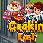 세 명의 요리사 캐릭터와 음식 트럭, 음식 이미지 위에 큰 글씨로 Cooking Fast가 쓰여져 있는 모습