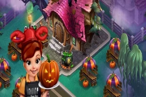 한 여성 캐릭터가 호박 머핀을 들고 있고, 배경에는 핑크 지붕의 집과 여러 개의 장식용 호박이 배치된 마법 같은 풍경이 펼쳐져 있습니다