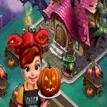 한 여성 캐릭터가 호박 머핀을 들고 있고, 배경에는 핑크 지붕의 집과 여러 개의 장식용 호박이 배치된 마법 같은 풍경이 펼쳐져 있습니다