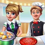 주방에서 음식 준비 중인 요리사 남성과 여성 캐릭터