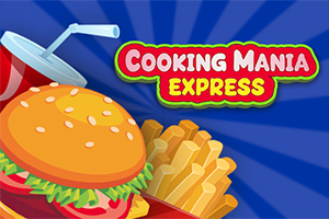 햄버거, 감자튀김, 음료수 컵 이미지와 COOKING MANIA EXPRESS 텍스트