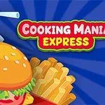 햄버거, 감자튀김, 음료수 컵 이미지와 COOKING MANIA EXPRESS 텍스트