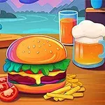 햄버거와 감자튀김이 있는 탁자, 배경으로 산과 호수