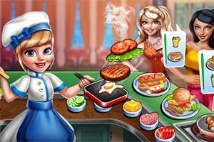 주방에서 요리사가 음식을 준비하고 있고, 두 손님이 음료와 음식을 주문하는 모습