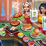 주방에서 요리사가 음식을 준비하고 있고, 두 손님이 음료와 음식을 주문하는 모습