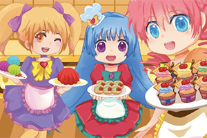 세 명의 귀여운 애니메이션 스타일 캐릭터들이 각각 디저트를 담은 접시를 들고 있는 모습