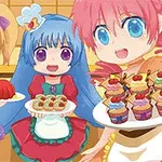 세 명의 귀여운 애니메이션 스타일 캐릭터들이 각각 디저트를 담은 접시를 들고 있는 모습