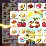 체리, 아보카도, 케이크 등 다양한 음식 그림이 있는 퍼즐 타일들이 번개 효과와 함께 배열되어 있습니다