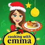 산타 모자를 쓴 여성 캐릭터가 크리스마스 장식과 함께 음식을 들고 있는 모습