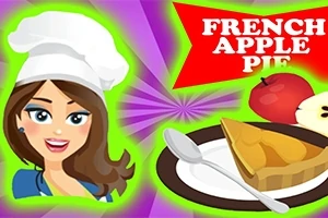 셰프 모자를 쓴 여성 캐릭터와 접시에 담긴 사과 파이, 사과 이미지가 있는 그림