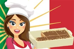 여성 요리사가 이탈리아 국기를 배경으로 디저트를 들고 있는 모습