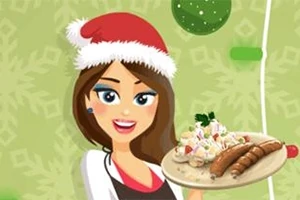 산타 모자를 쓴 캐릭터가 소시지와 샐러드가 담긴 접시를 들고 있는 모습