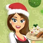 산타 모자를 쓴 캐릭터가 소시지와 샐러드가 담긴 접시를 들고 있는 모습