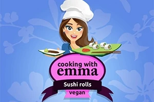 요리사 모자를 쓴 여성이 초밥과 아보카도를 들고 있으며, cooking with emma와 Sushi rolls vegan이라는 문구가 있는 이미지