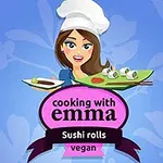 요리사 모자를 쓴 여성이 초밥과 아보카도를 들고 있으며, cooking with emma와 Sushi rolls vegan이라는 문구가 있는 이미지