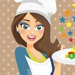 요리사 모자를 쓴 여성이 별 모양 장식과 치즈 피자 한 조각을 든 일러스트