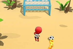 해변 모래 위에서 빨간색 캐릭터가 불타는 축구공을 차고 있는 장면