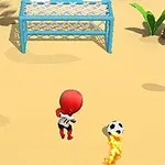 해변 모래 위에서 빨간색 캐릭터가 불타는 축구공을 차고 있는 장면