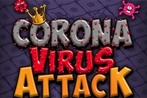 CORONA VIRUS ATTACK라는 문구가 독특한 글꼴로 가운데에 위치하고, 크라운과 바이러스 그림이 장식된 이미지