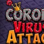 CORONA VIRUS ATTACK라는 문구가 독특한 글꼴로 가운데에 위치하고, 크라운과 바이러스 그림이 장식된 이미지
