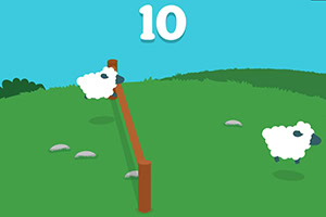 초원 위에 양 한 마리가 울타리를 뛰어넘고 있고, 다른 양 한 마리는 옆에 서 있는 모습