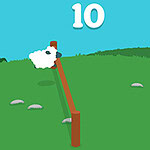 초원 위에 양 한 마리가 울타리를 뛰어넘고 있고, 다른 양 한 마리는 옆에 서 있는 모습