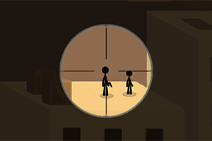 저격총 조준경으로 두 명의 스틱맨이 건물 옥상에 서 있는 모습