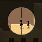 저격총 조준경으로 두 명의 스틱맨이 건물 옥상에 서 있는 모습