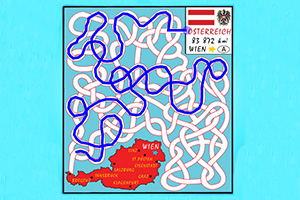 오스트리아의 국기와 지도, 복잡하게 얽힌 경로로 가득 찬 이미지