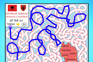 알바니아의 국기 및 국장과 경로가 복잡한 미로, 그리고 몇몇 도시 이름이 적힌 지도가 있는 이미지