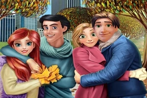 나무가 늘어선 공원에서 두 커플이 포옹하며 사진을 찍고 있는 장면