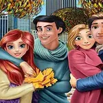 나무가 늘어선 공원에서 두 커플이 포옹하며 사진을 찍고 있는 장면