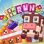 픽셀 스타일의 소가 만화 같은 배경 위를 뛰어가고 있으며, 주위에 작은 우주선들이 날아다니고 있다