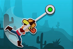 모자와 부츠를 착용한 캐릭터가 파란 배경에서 원형 도구를 휘두르는 장면