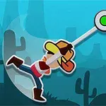 모자와 부츠를 착용한 캐릭터가 파란 배경에서 원형 도구를 휘두르는 장면