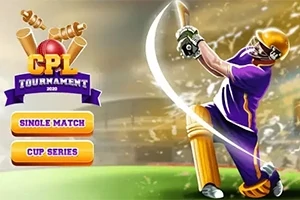 보라색 유니폼과 황금 헬멧을 쓴 크리켓 선수가 방망이를 휘두르는 모습과 CPL 토너먼트 메뉴 화면